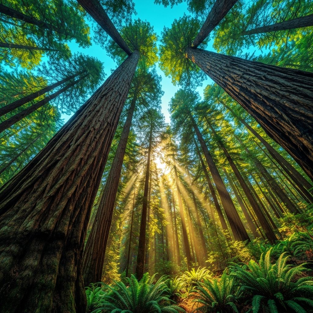 Looking up through California coastal redwood trees